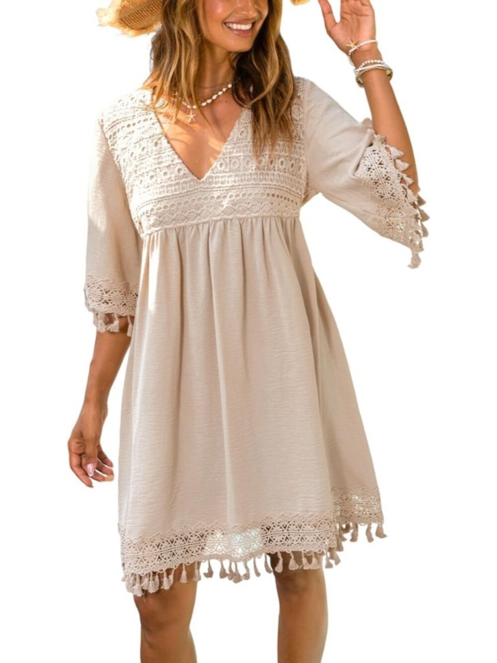 Boho V Neck Summer Dress with Tassel Embroidery & Half Sleeves - Vacation Mini